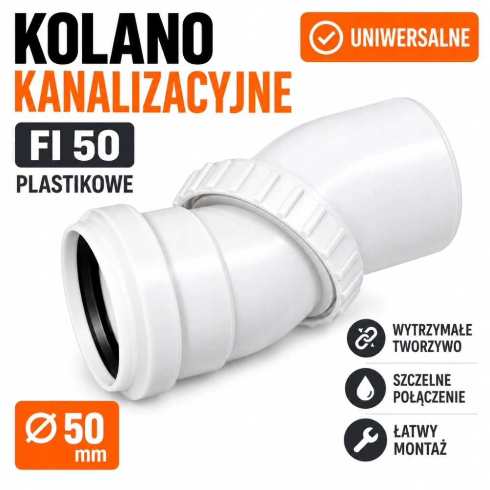 KOLANO KANALIZACYJNE UNIWERSALNE DO RUR FI 50 PLASTIKOWE REGULOWANE BIAŁE