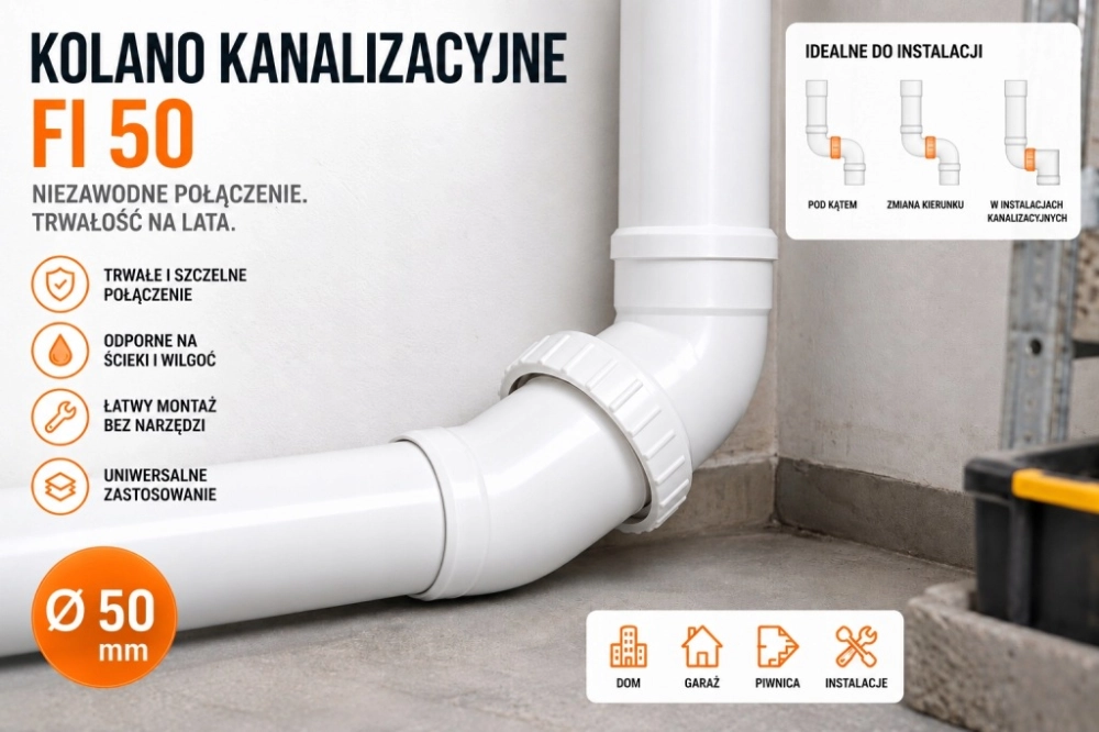 KOLANO KANALIZACYJNE UNIWERSALNE DO RUR FI 50 PLASTIKOWE REGULOWANE BIAŁE
