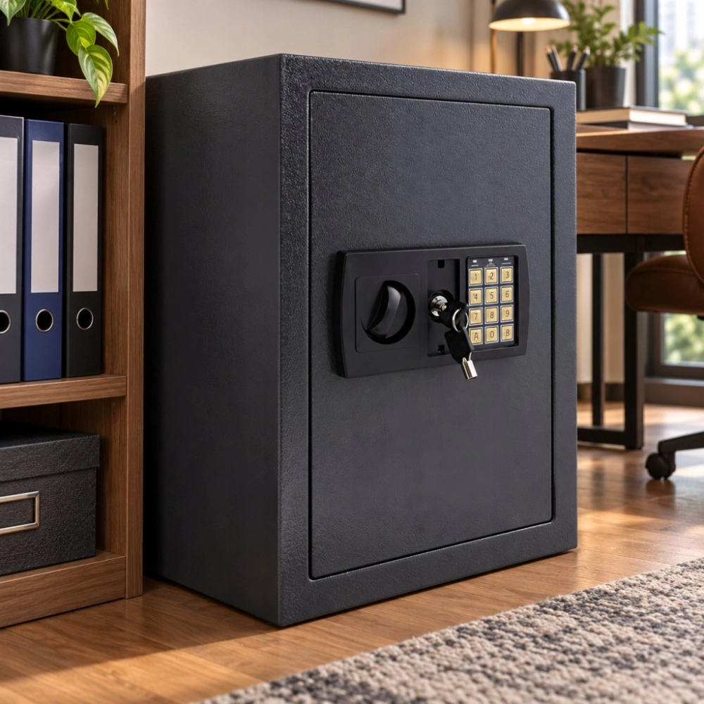 SEJF ELEKTRONICZNY 42X31X35 CM Z PÓŁKĄ STALOWY NA KOD KLUCZ AWARYJNY