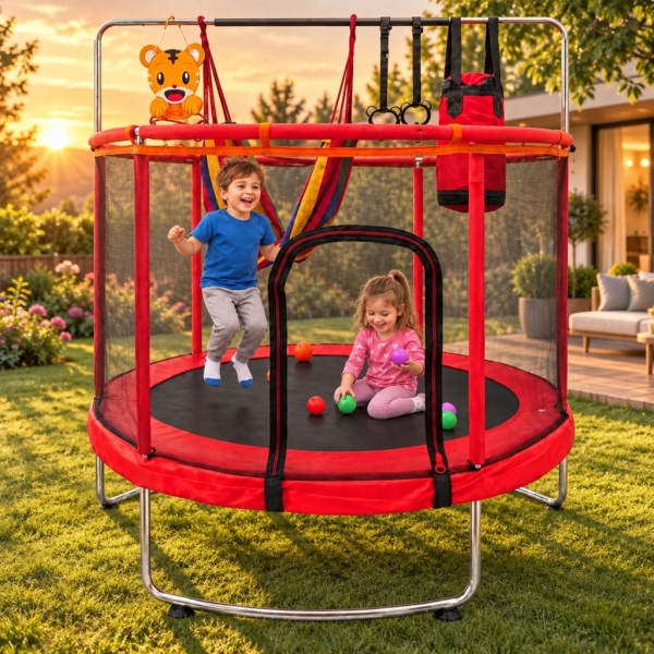 TRAMPOLINA DLA DZIECI 140 CM OGRODOWA DOMOWA KOSZ HAMAK WOREK PIŁKI