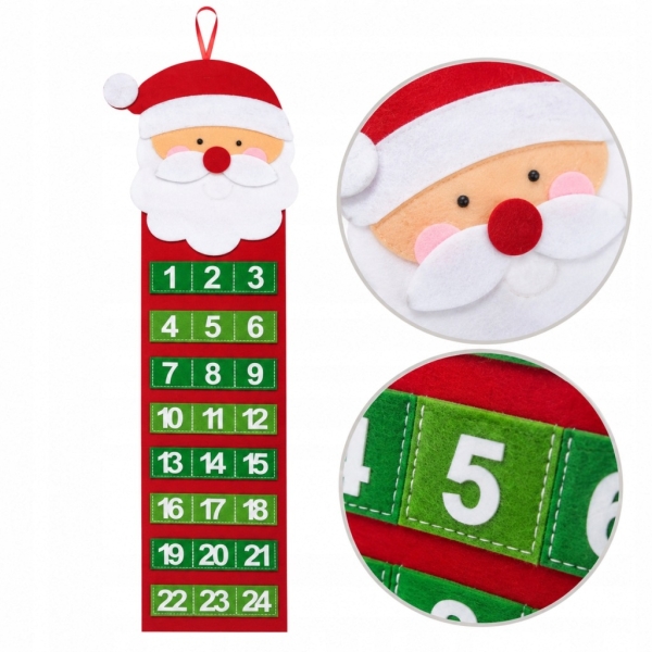 KALENDARZ ADWENTOWY MIKOŁAJ FILCOWY 24 PRZEGRÓDKI 65 CM WISZĄCY