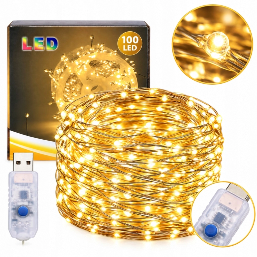 LAMPKI CHOINKOWE DRUCIKI 100 LED DIODY DEKORACJA ŚWIĄTECZNA ŚWIATEŁKA 3 M