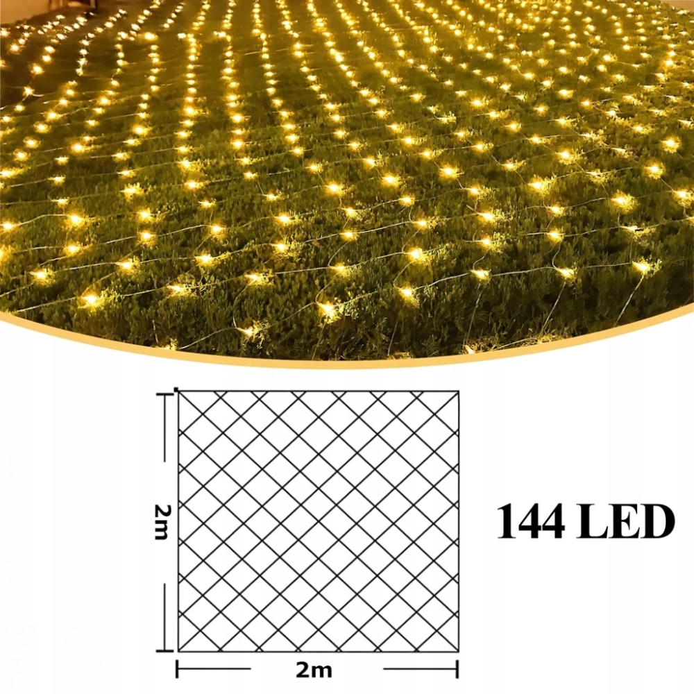 KURTYNA ŚWIETLNA LAMPKI 144 LED ŚWIĘTA BIAŁE CIEPŁE 2X2 M 8 TRYBÓW