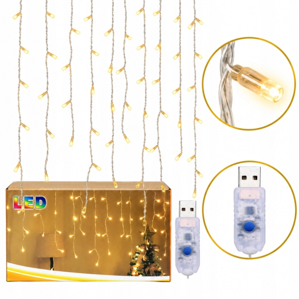 KURTYNA ŚWIETLNA LAMPKI CHOINKOWE SOPLE 96 LED BIAŁA CIEPŁA USB 3,5 M